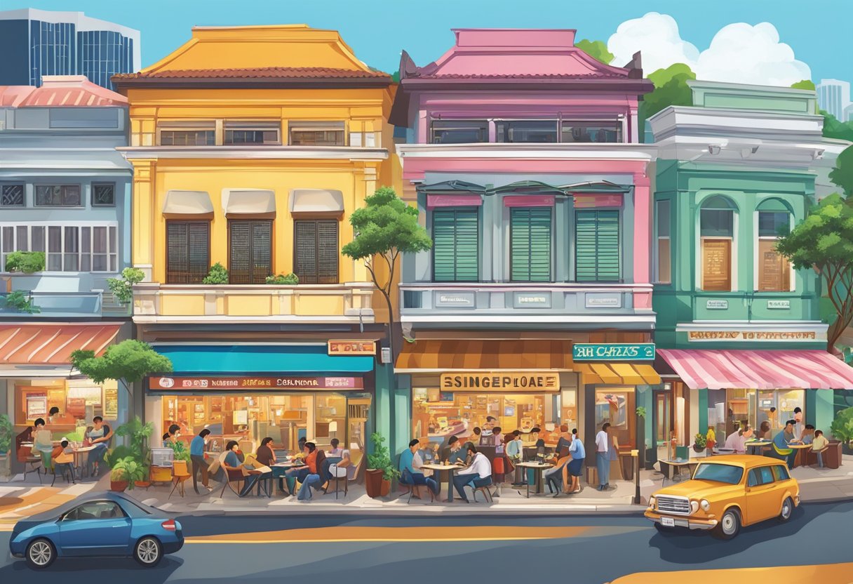 The bustling streets of Singapore surround Jack's Place, a popular restaurant known for its delicious cuisine and excellent service. The vibrant cityscape provides a lively backdrop for the restaurant's exterior, with colorful signage and bustling activity