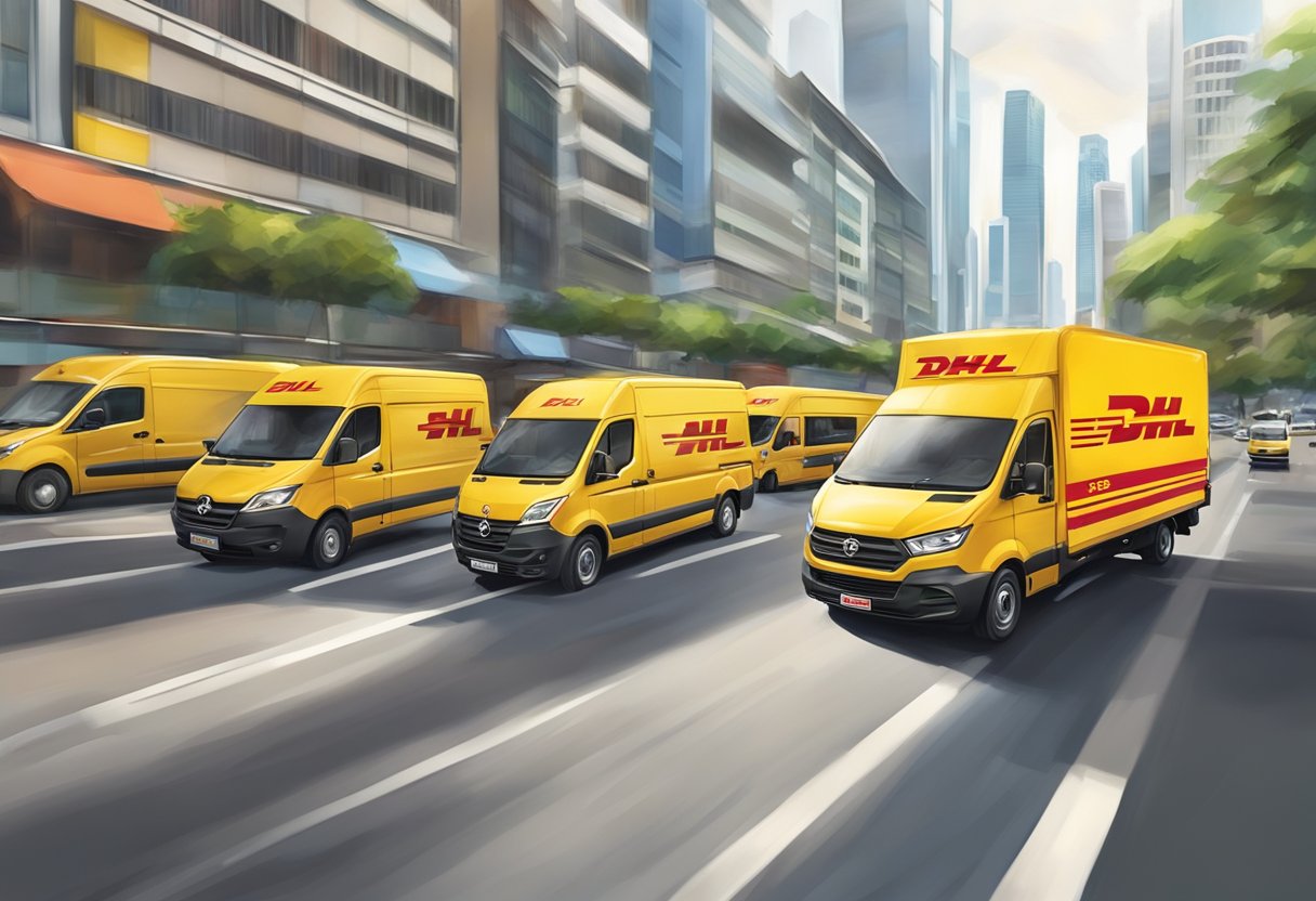 A DHL delivery van speeds through the bustling streets of Singapore, weaving through traffic as it makes its way to its next destination
