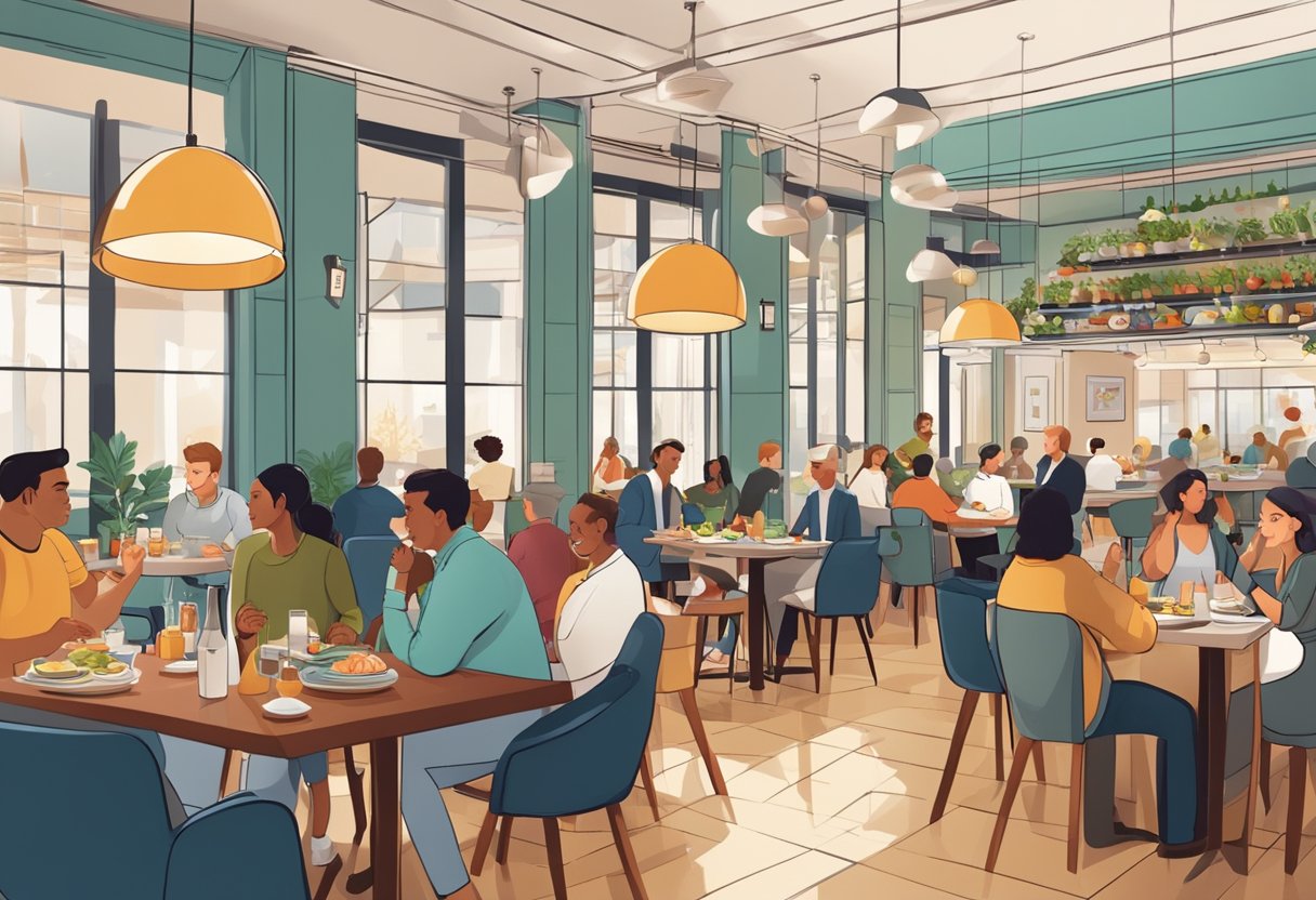 A bustling restaurant with a modern interior, filled with diverse groups of people enjoying delicious food and lively conversation