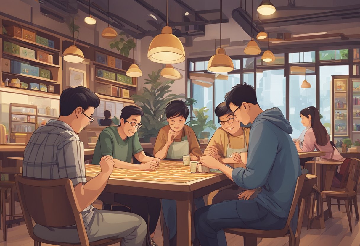 Customers enjoy playing board games in a cozy cafe in Singapore. Shelves are filled with various games, while tables are occupied by groups of friends immersed in friendly competition