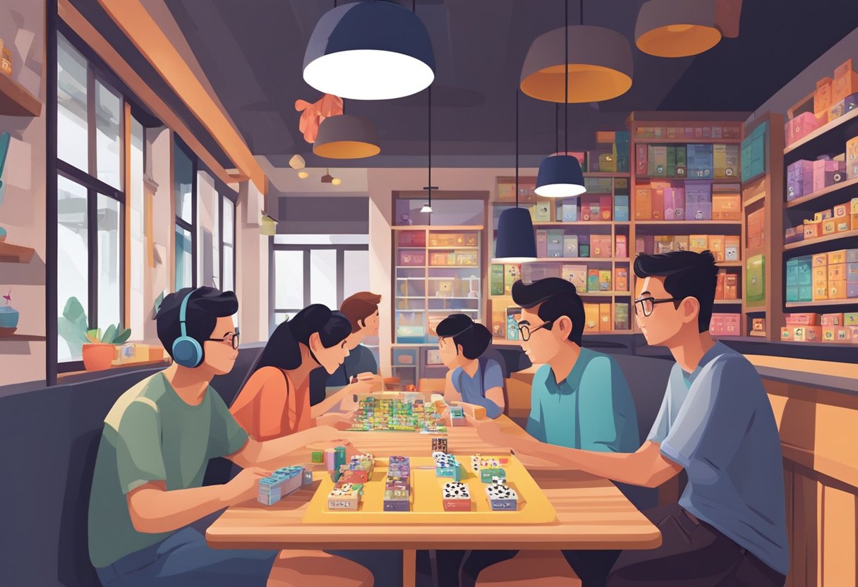 Customers playing board games at cozy tables in a vibrant board game cafe in Singapore. Shelves lined with colorful game boxes and a friendly atmosphere