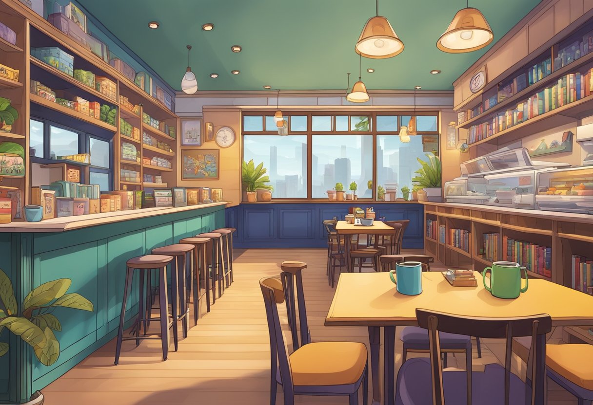 A cozy board game cafe in Singapore, featuring shelves of colorful games, comfortable seating, and a welcoming atmosphere