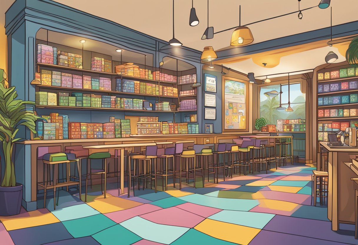 A bustling board game cafe in Singapore with colorful game shelves, cozy seating, and a prominently displayed "Frequently Asked Questions" board