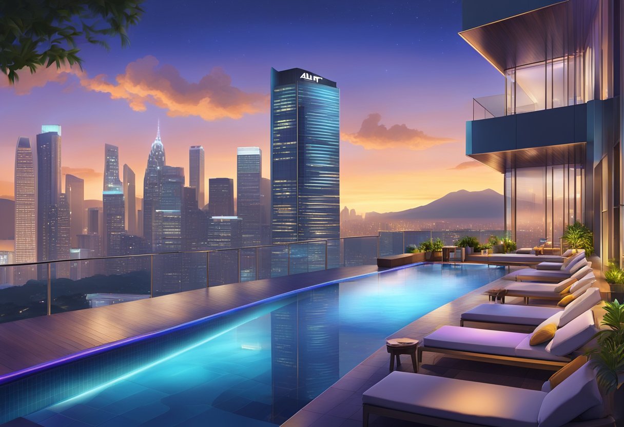 The iconic infinity pool of the Aloft Singapore hotel overlooks the city skyline, with sleek architecture and vibrant city lights creating a stunning backdrop