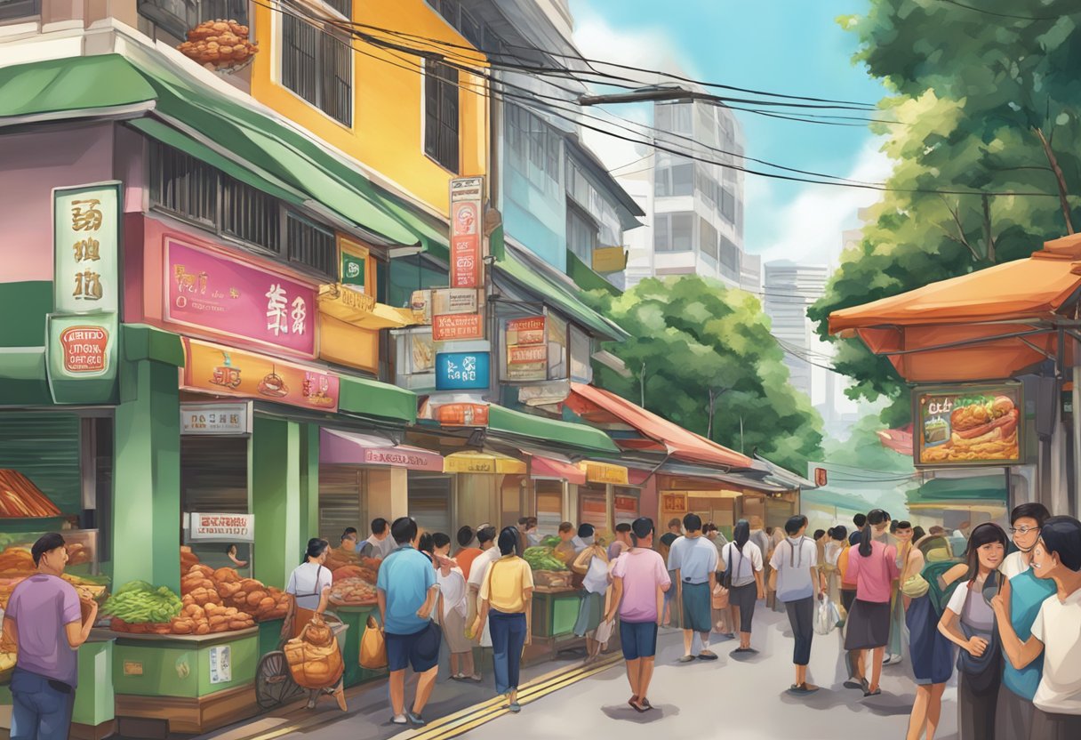 A grand Lechon Republic sign stands tall in the bustling streets of Singapore, drawing in crowds with its vibrant colors and enticing aroma
