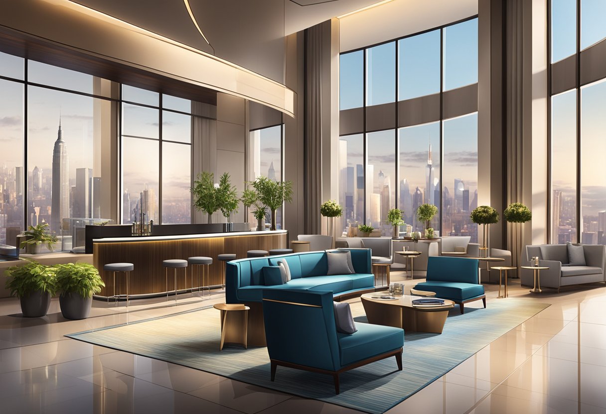 The scene depicts a modern hotel lobby with a concierge desk, comfortable seating areas, a sleek bar, and a view of the city skyline through floor-to-ceiling windows