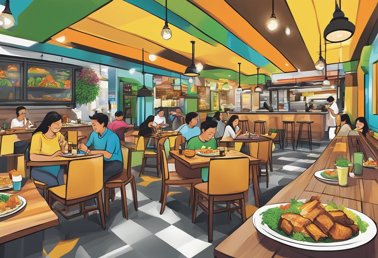 People enjoying Lechon Republic's vibrant atmosphere, with colorful decor, sizzling lechon, and aromatic Filipino dishes. The lively ambiance and mouthwatering food create a festive and inviting scene