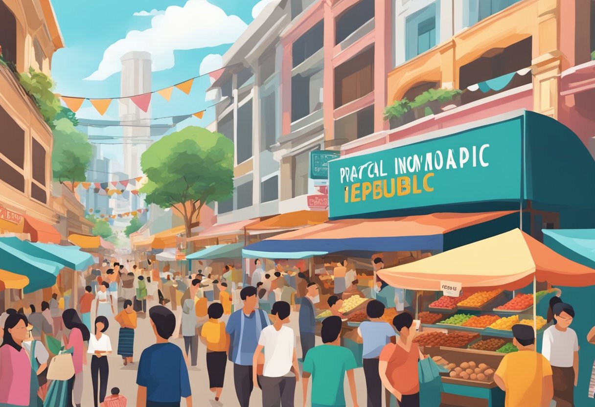 A colorful street market with a prominent sign reading "Practical Information Lechon Republic Singapore" surrounded by bustling stalls and a diverse crowd