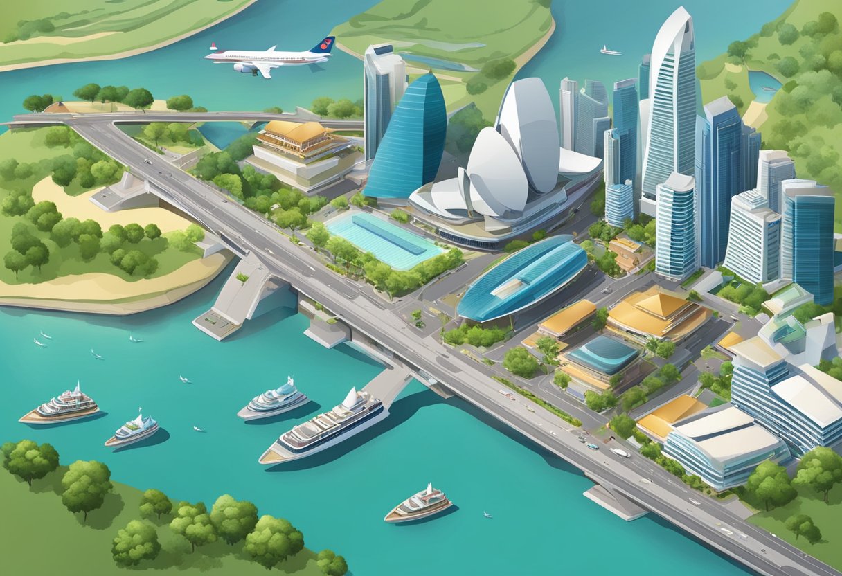Aerial view of Singapore with iconic landmarks and accessible transportation