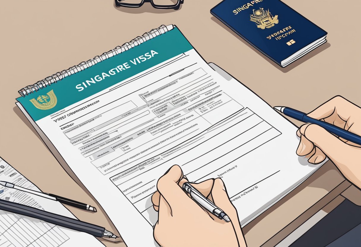 A person filling out a Singapore visa application form at a desk with a pen and passport
