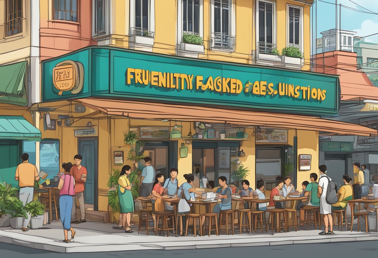 A large, colorful sign reading "Frequently Asked Questions" outside a bustling lechon restaurant in Singapore's Little Manila district