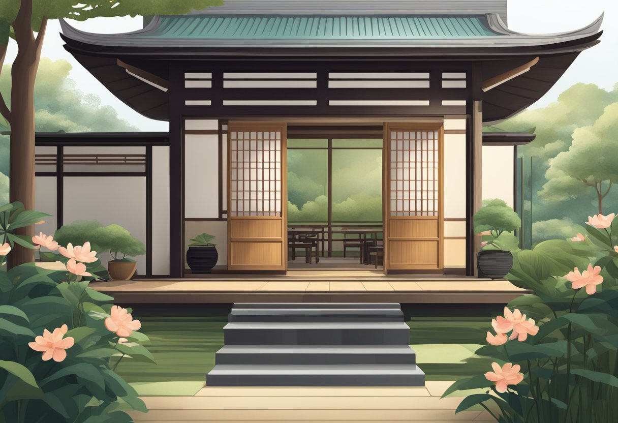 A traditional Japanese tea house in Singapore with a tranquil garden, wooden architecture, and paper sliding doors