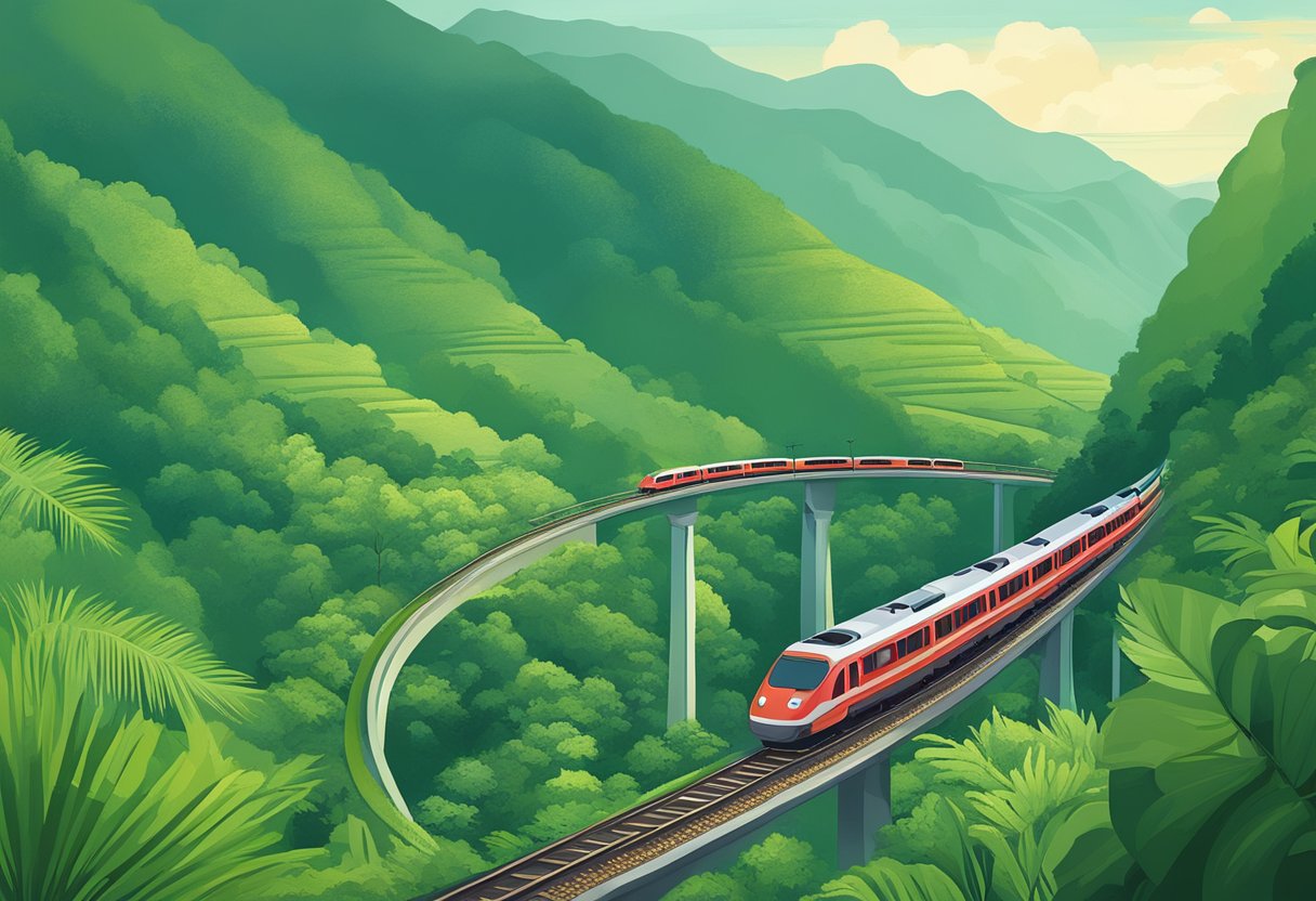 A train travels through lush green mountains from Singapore to Genting