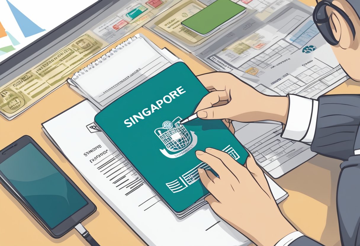 A person fills out a Singapore visa application form online, with a passport and other required documents nearby