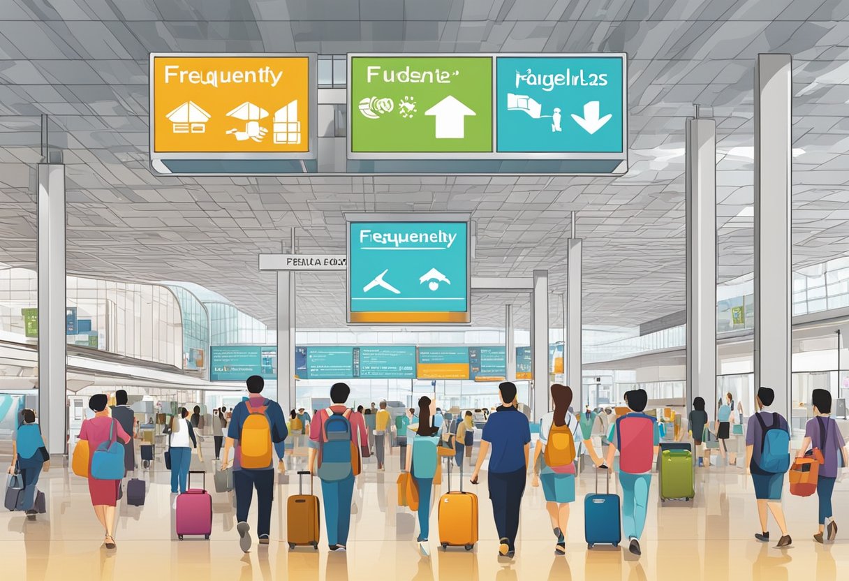 A colorful sign with "Frequently Asked Questions" displayed prominently in a bustling Singapore airport. Crowds of travelers pass by, while staff members assist with inquiries