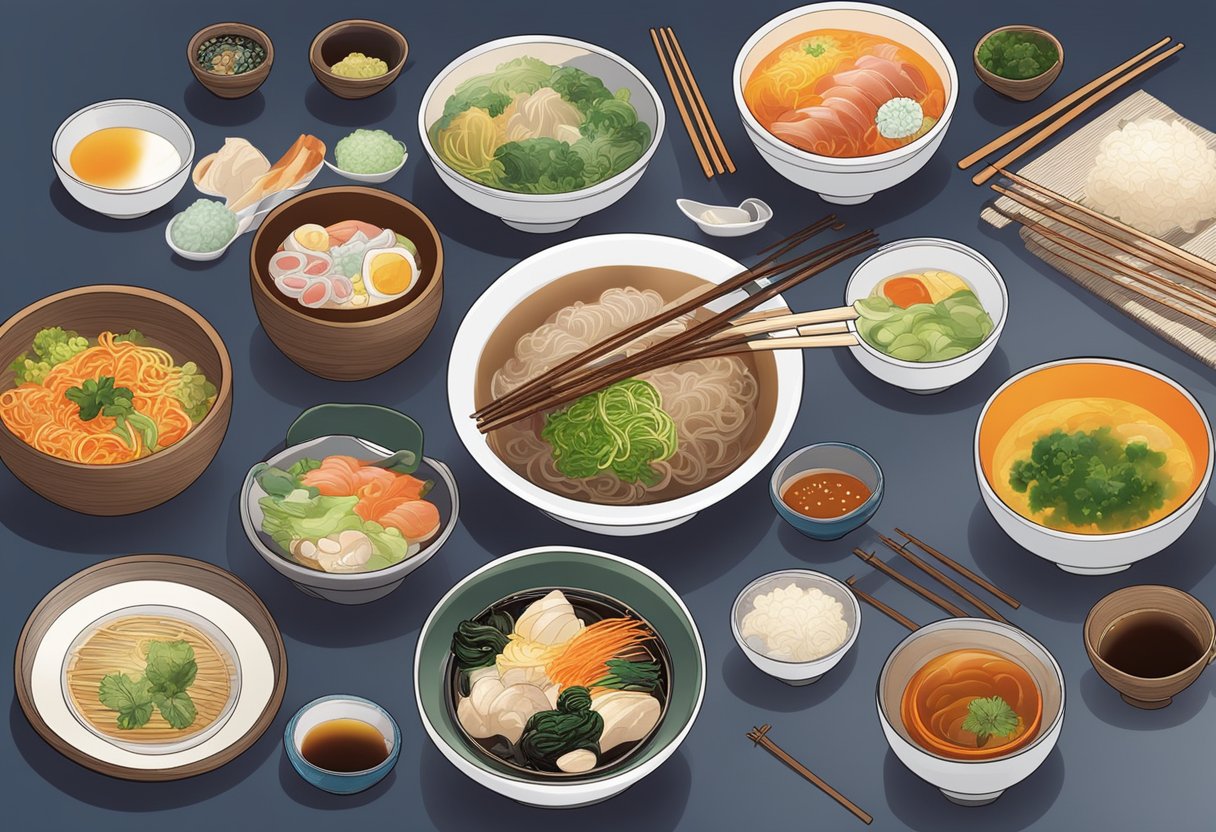 A table set with steaming bowls of sukiya dishes, surrounded by chopsticks and condiments. Brightly colored menu highlights on display