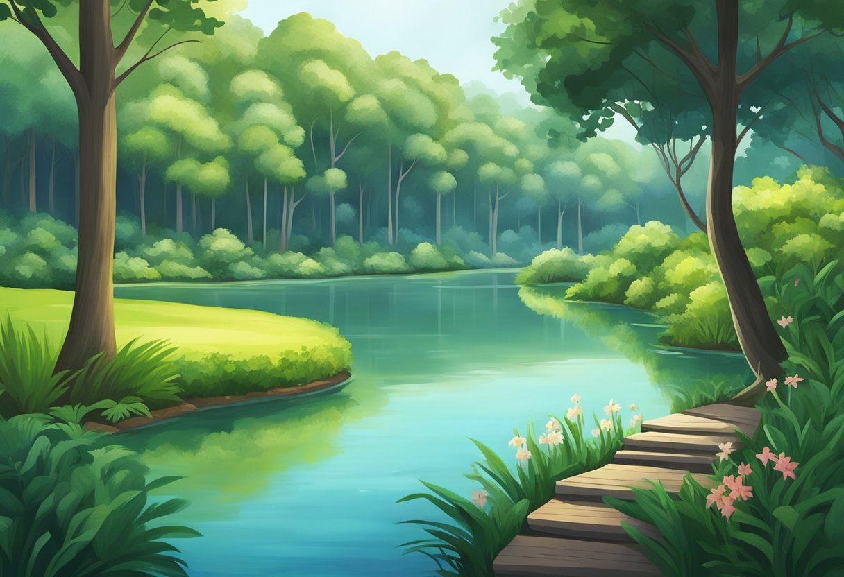 A serene lake reflects the lush greenery of Woodsvale, Singapore, nestled among tall trees and vibrant flora