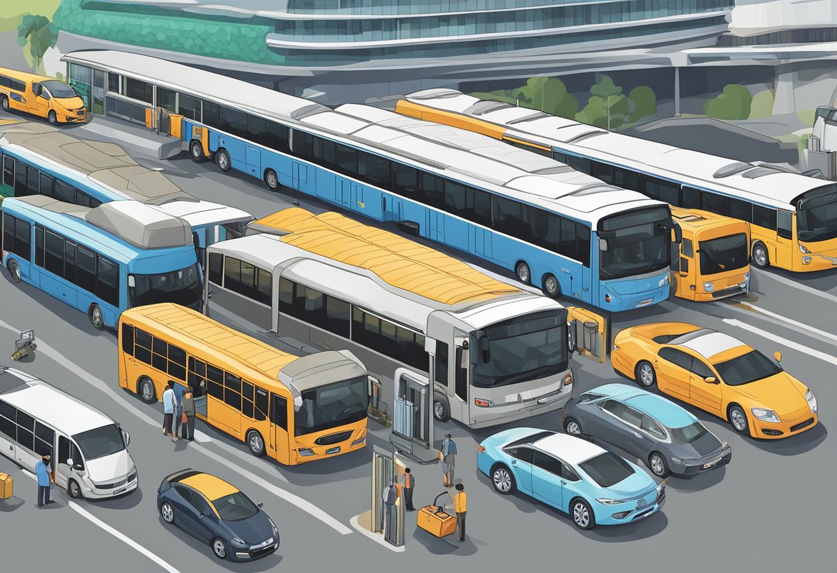 Vehicles line up at a Singapore transport hub, ready to depart for Genting Highlands. Buses, trains, and cars are visible, with passengers boarding and luggage being loaded