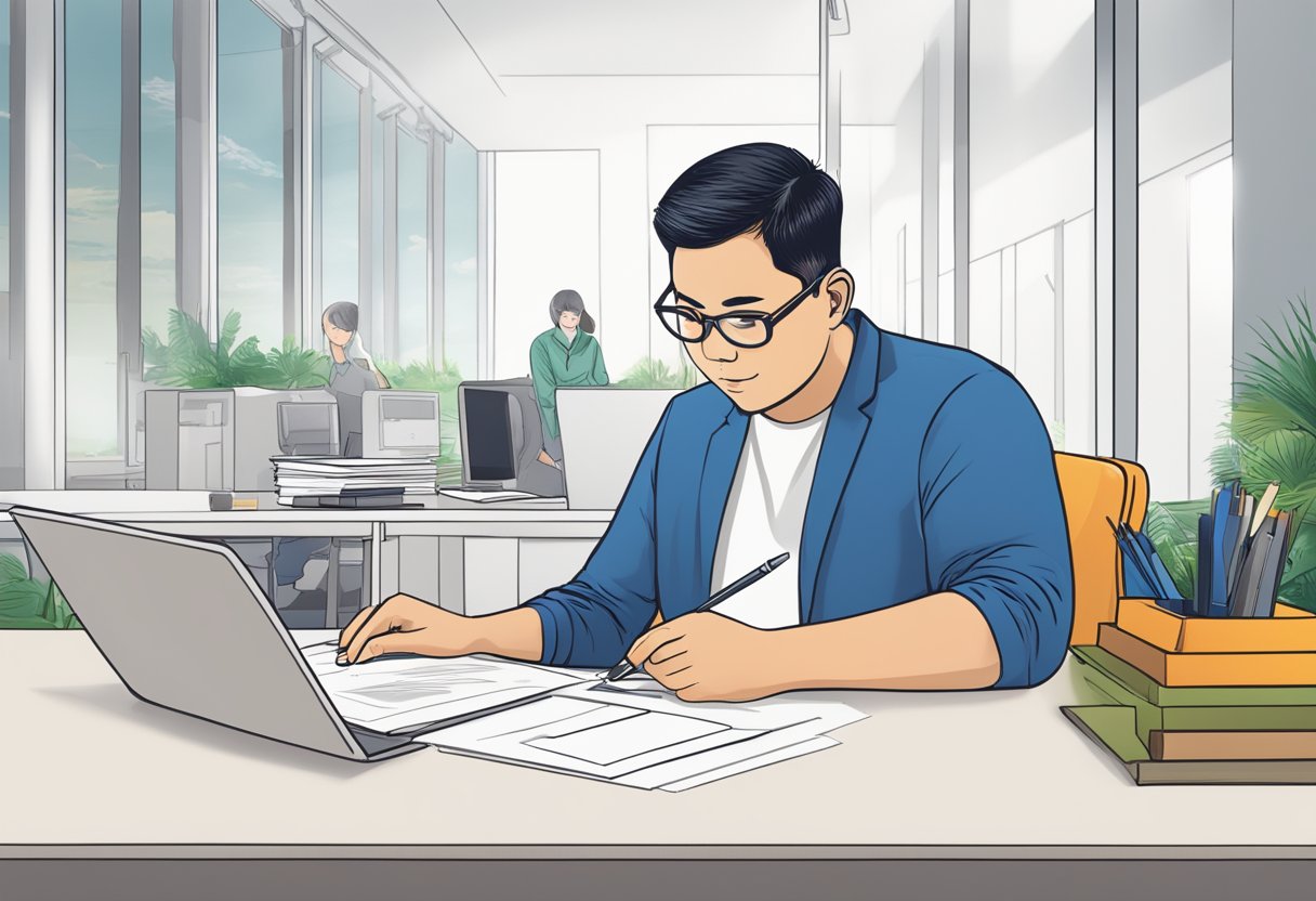 An applicant fills out a Singapore visa form at a desk