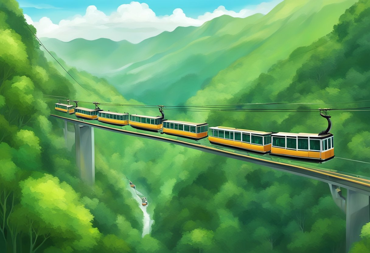 The cable car glides over lush green mountains, carrying visitors to Genting Highlands. Luxurious hotels and bustling casinos dot the landscape, surrounded by misty clouds