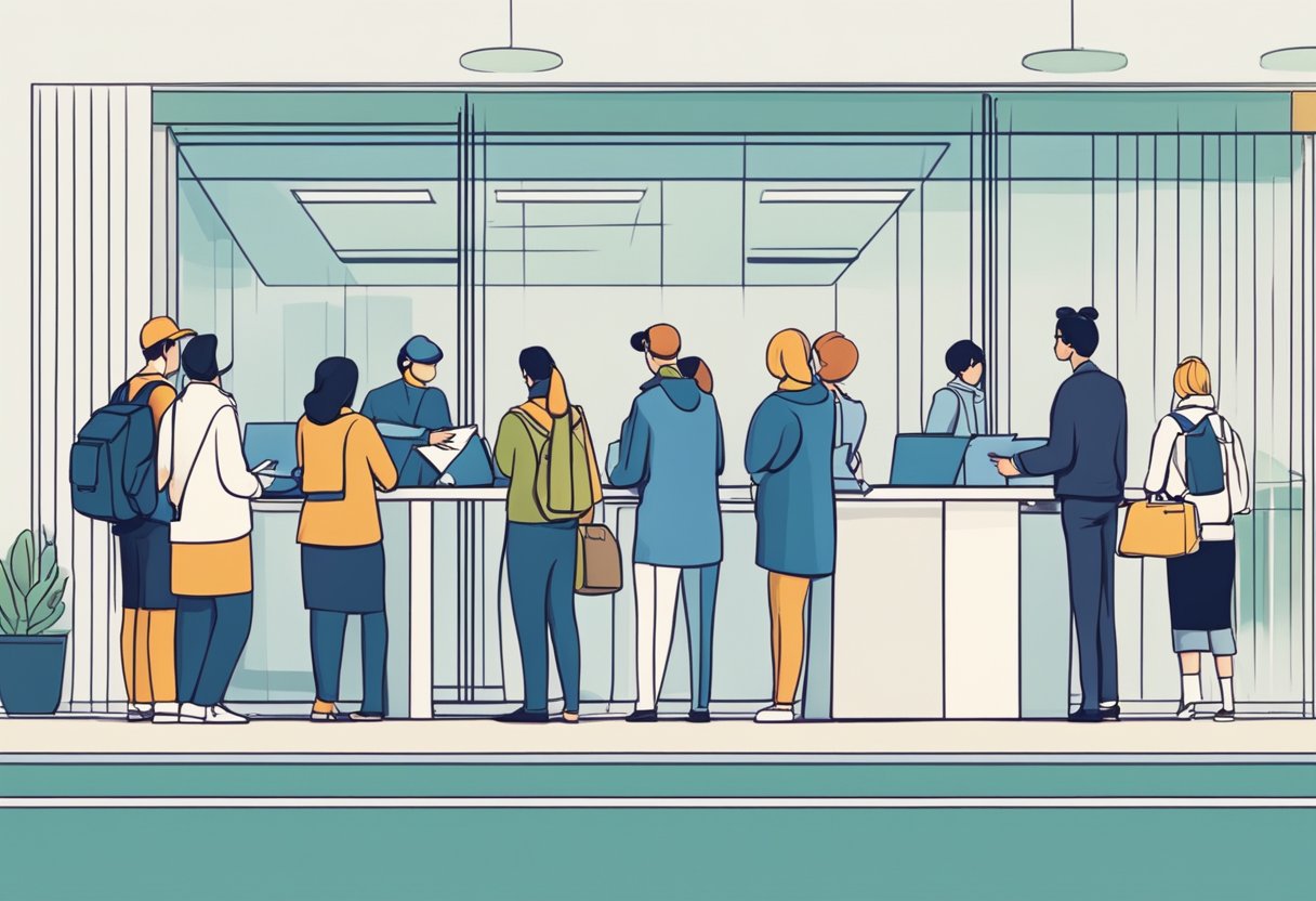 People line up at a visa office, holding documents and asking questions