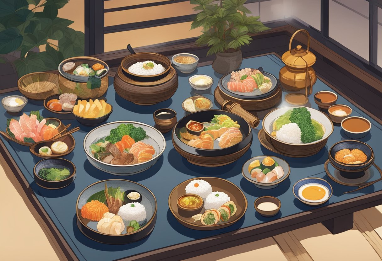 A table set with traditional Japanese dishes, surrounded by warm lighting and elegant decor at Sukiya Singapore