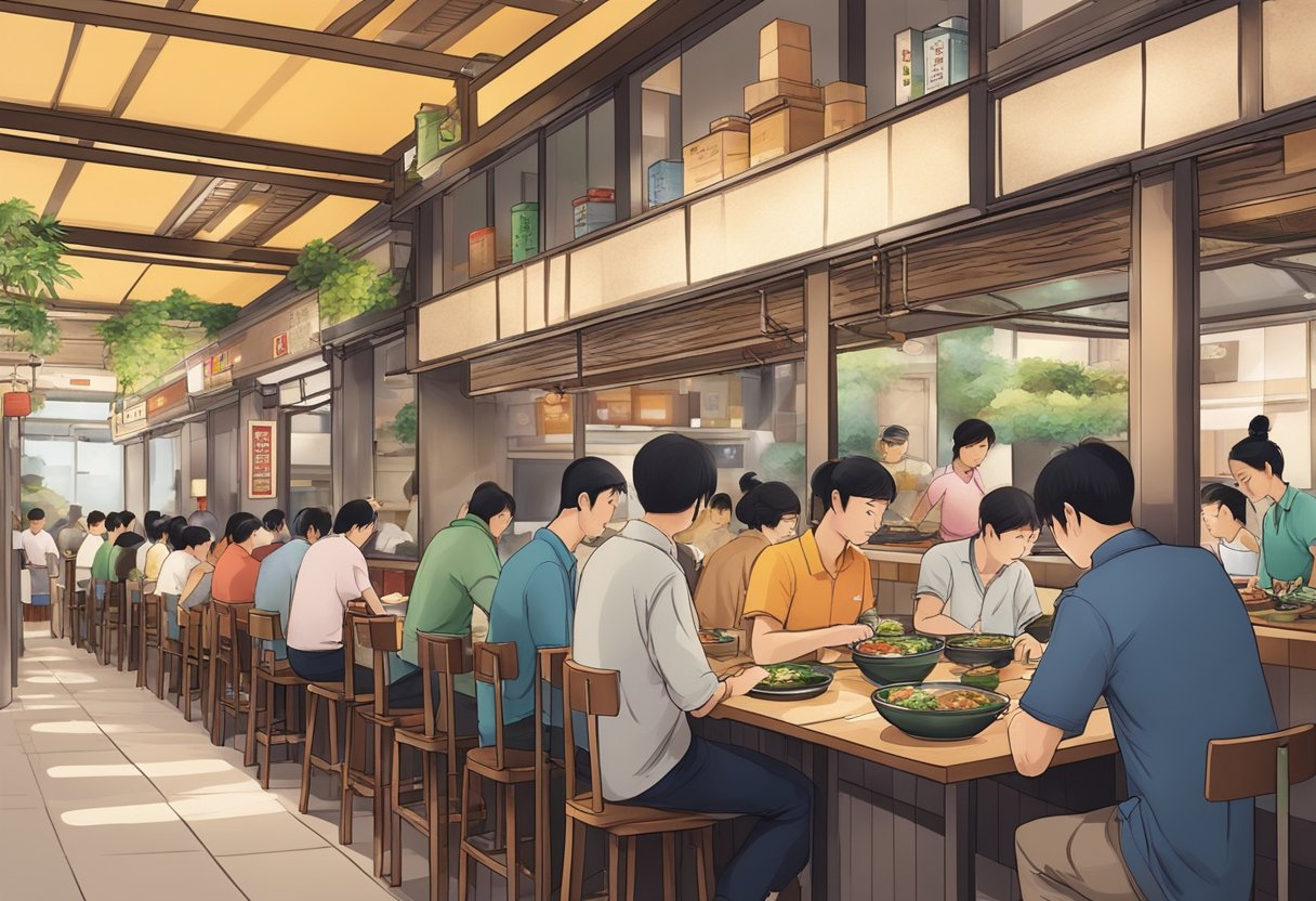 A bustling Sukiya restaurant in Singapore with customers lining up, enjoying their meals, and staff serving delicious Japanese cuisine