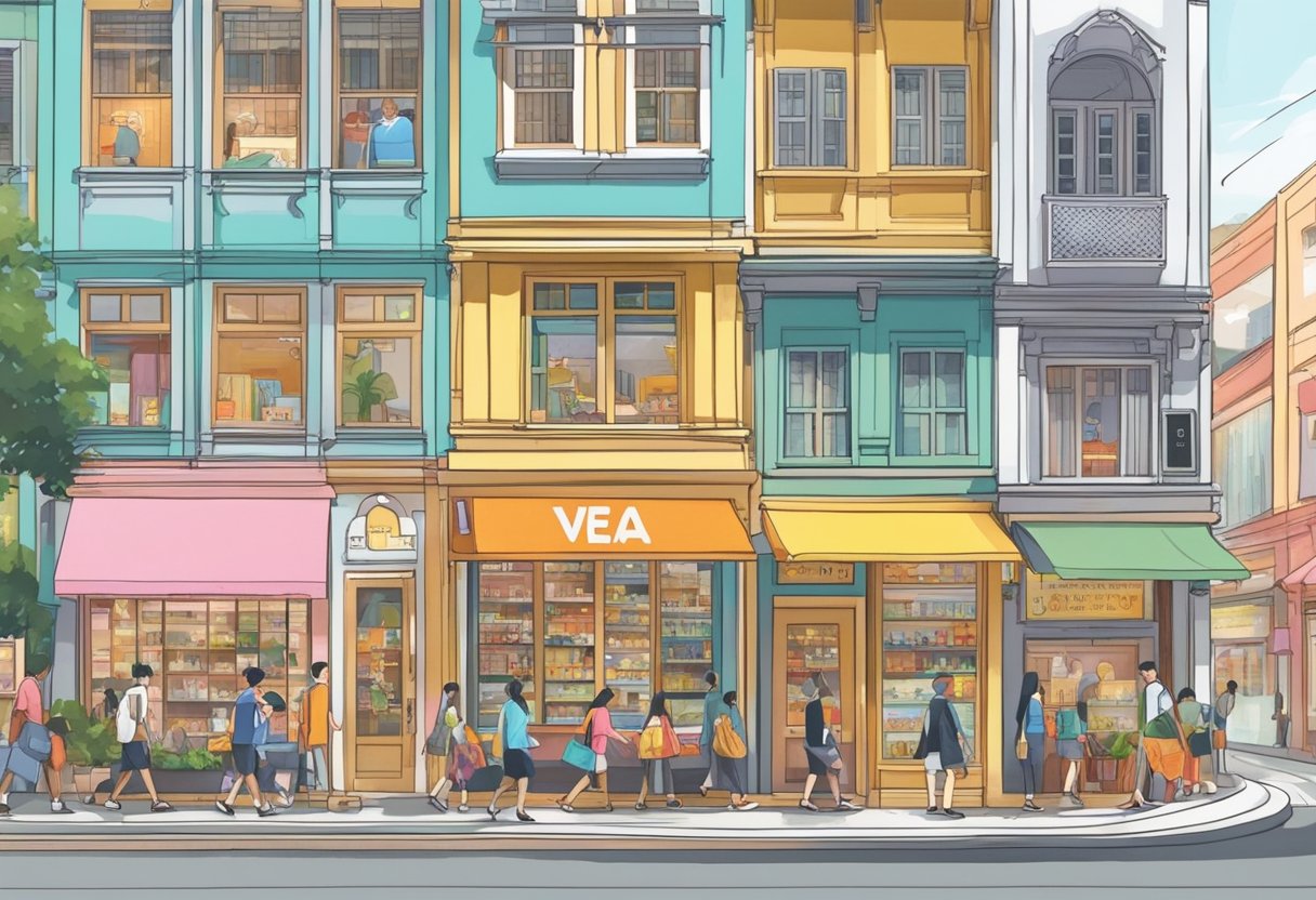 A bustling street in Singapore, with colorful storefronts and a prominent sign reading "Veja Singapore." Shoppers are seen browsing through the trendy footwear displayed in the windows