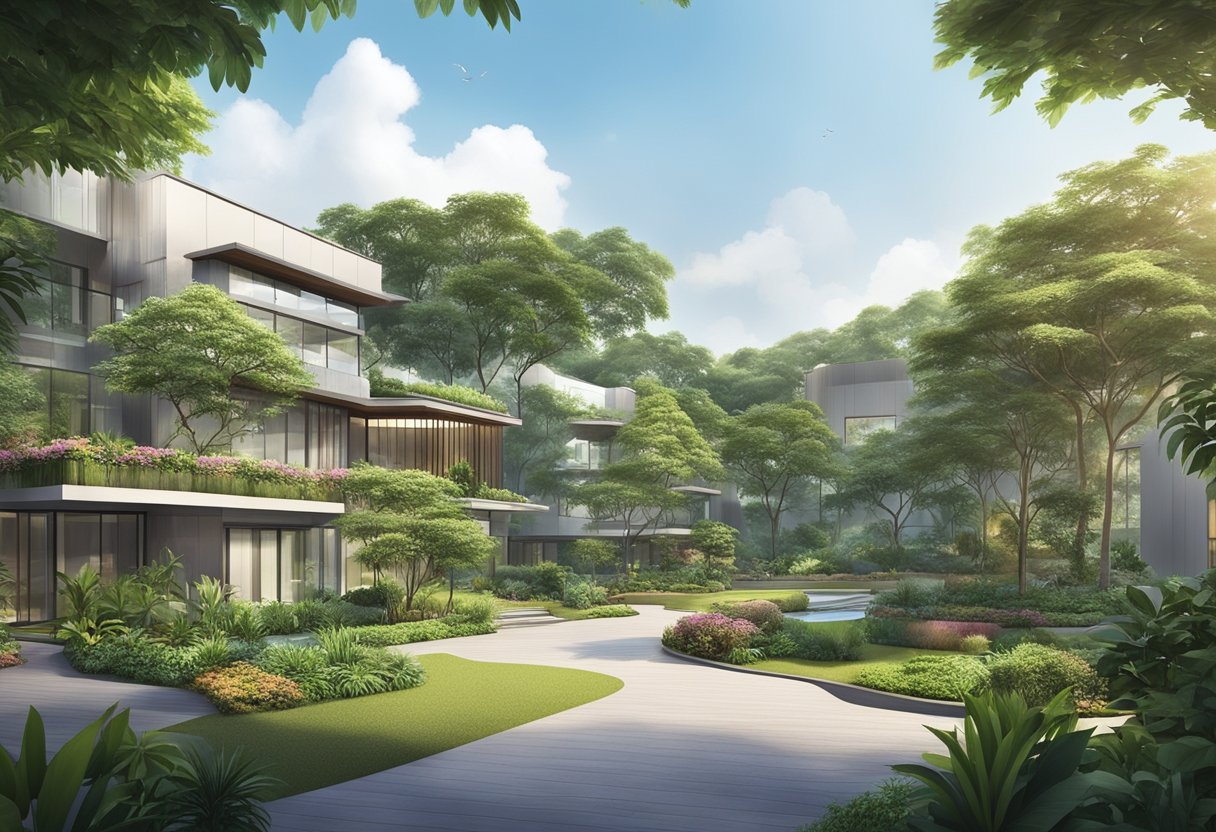 Woodsvale Singapore: A serene landscape with lush greenery, a tranquil pool, and modern architecture nestled in a peaceful neighborhood