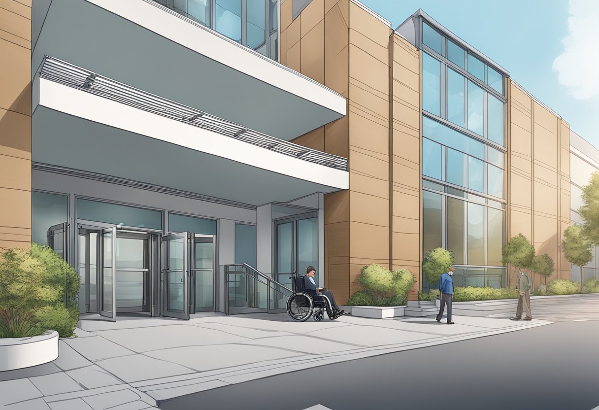 The scene shows a wheelchair ramp leading to a building entrance with accessible parking spaces and amenities like elevators and wide doorways