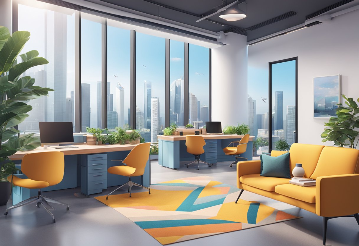 A modern office space at ByteDance Singapore, with sleek furniture and vibrant decor, overlooking the city skyline