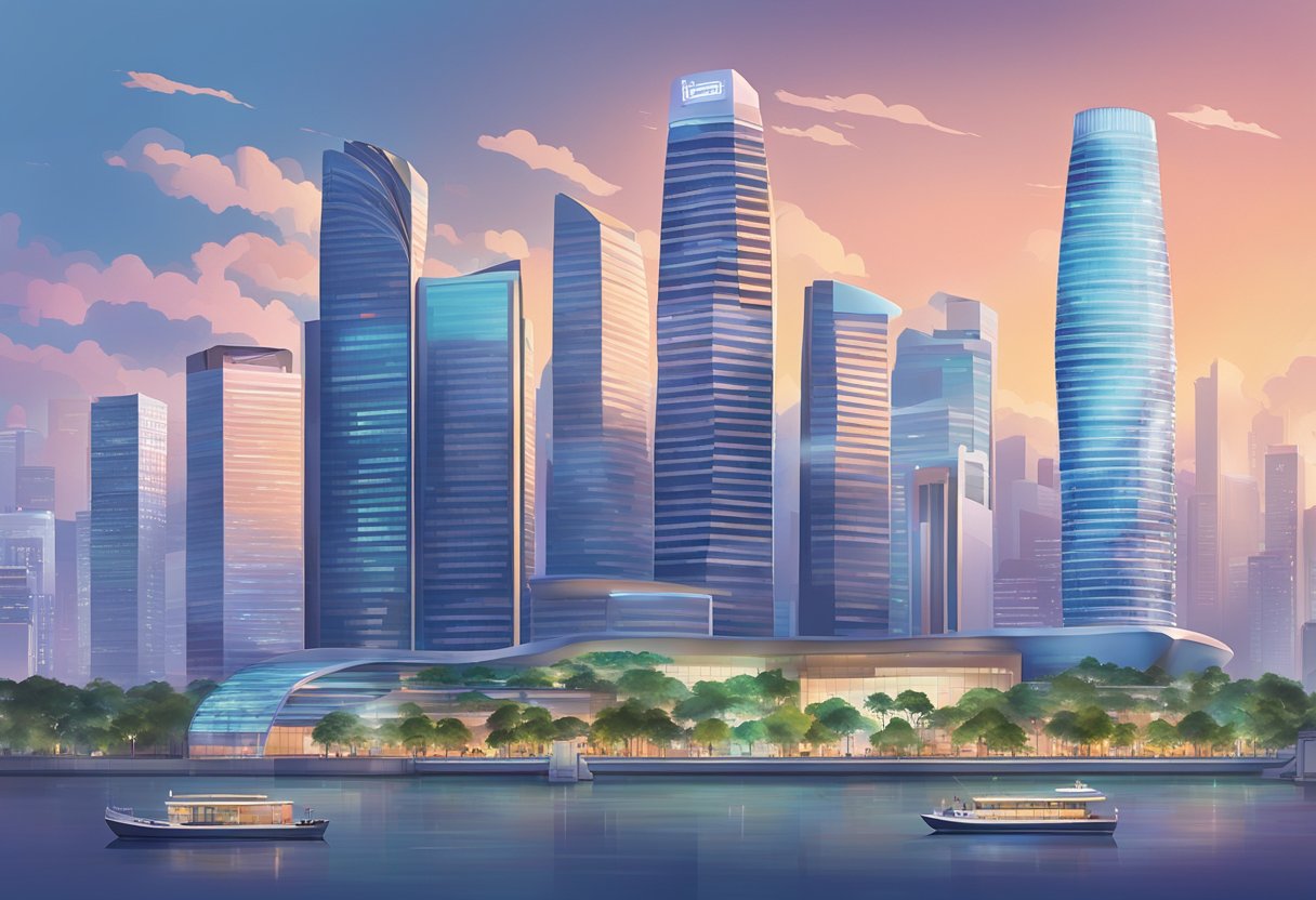 A bustling cityscape with iconic landmarks of Singapore, featuring the ByteDance headquarters standing tall amidst the modern skyline
