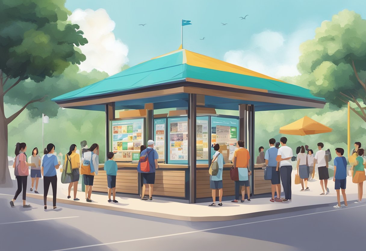 A bustling information kiosk surrounded by curious visitors seeking answers at Woodsvale Singapore
