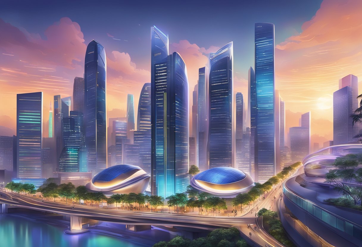 A bustling cityscape with futuristic skyscrapers, vibrant lights, and sleek, modern architecture. The scene is filled with energy and innovation, capturing the essence of Giga Singapore