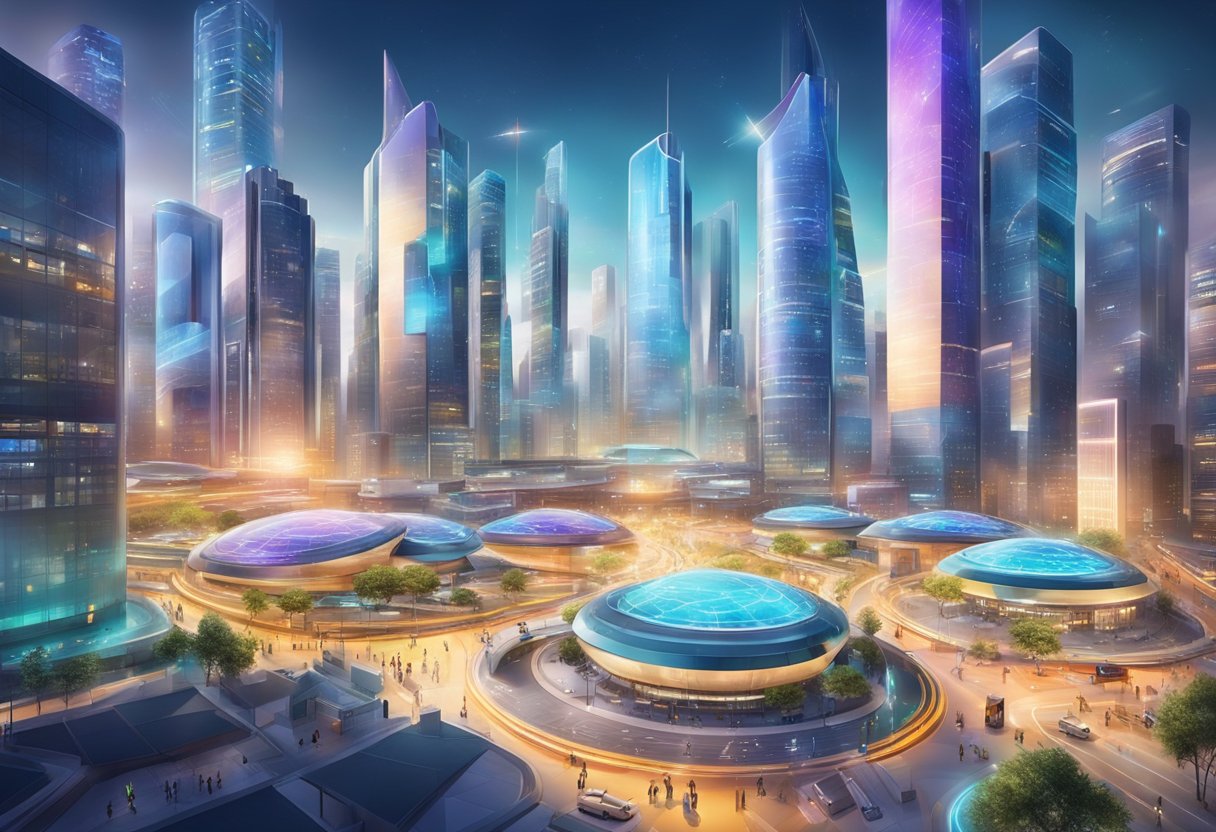 A bustling cityscape with futuristic buildings and high-tech mobile service centers, surrounded by vibrant energy and bustling activity