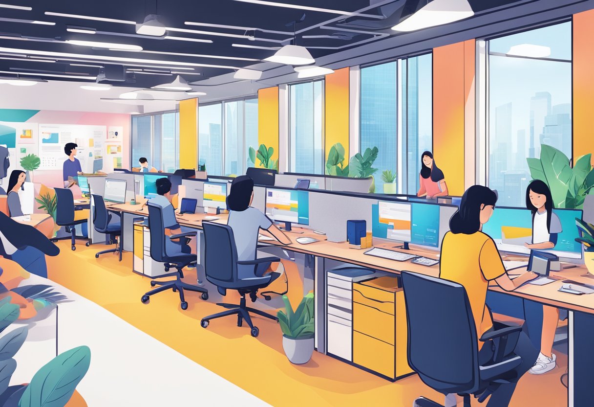 A bustling office space with modern technology and collaborative workstations, showcasing a vibrant and innovative work environment at Bytedance Singapore