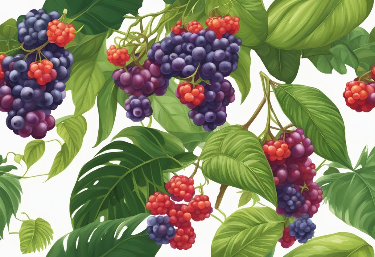 Ripe red and purple berries hang from lush green vines in a tropical Singapore garden