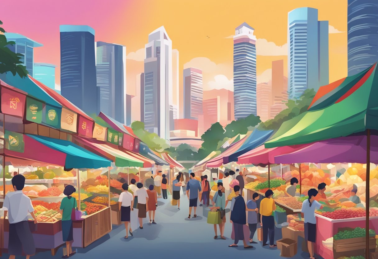 A bustling street market in Singapore, with colorful food stalls and the iconic Melvados sign shining brightly against the backdrop of the city's skyline