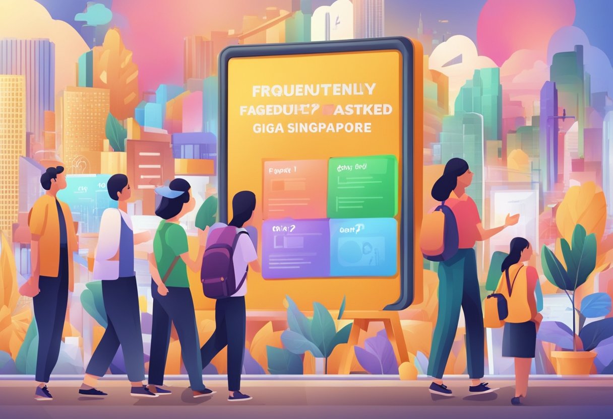 A colorful signboard with "Frequently Asked Questions giga singapore" displayed prominently, surrounded by a diverse group of people