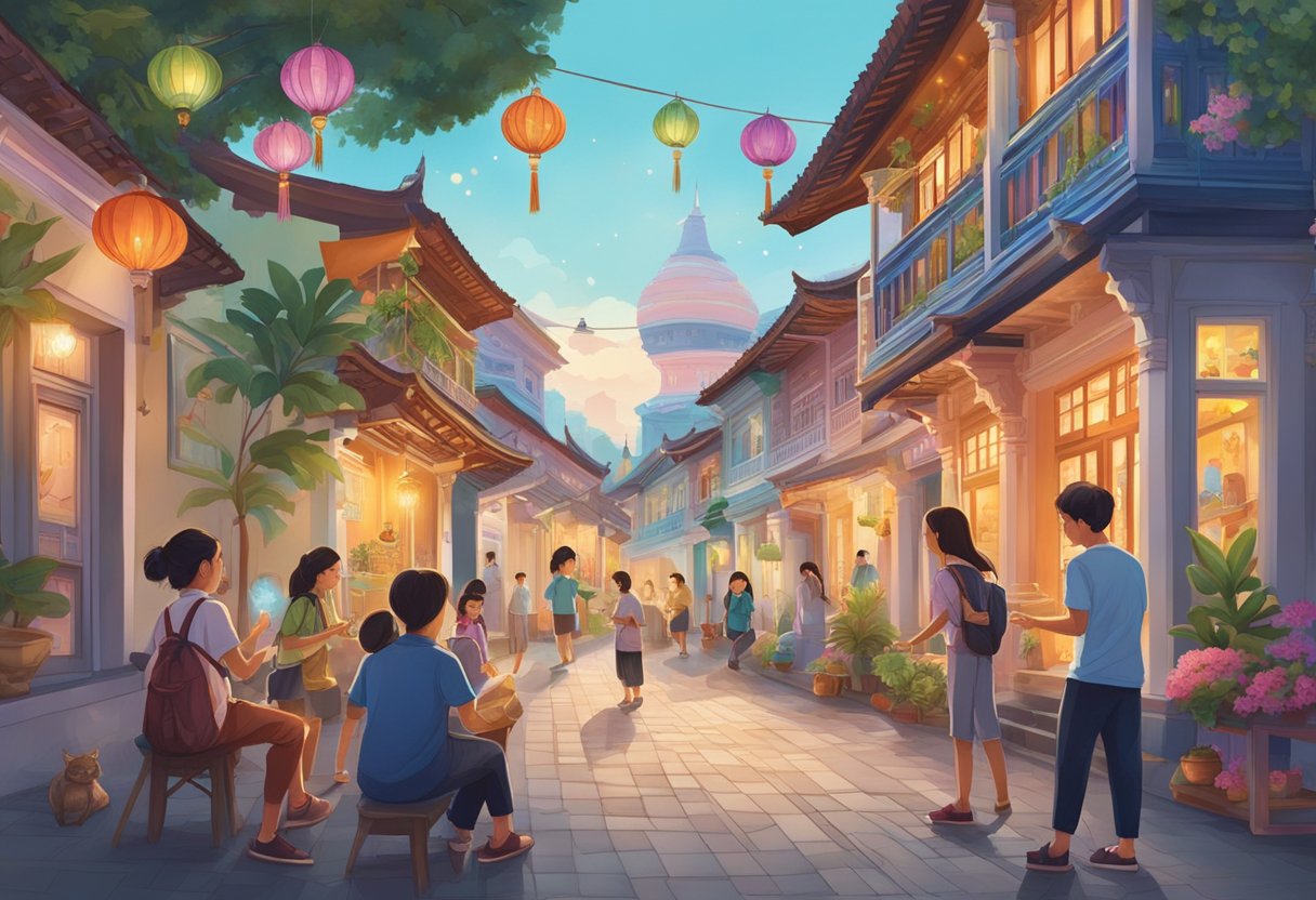 Students cast spells in the vibrant streets of Singapore, surrounded by colorful Peranakan shophouses and magical creatures