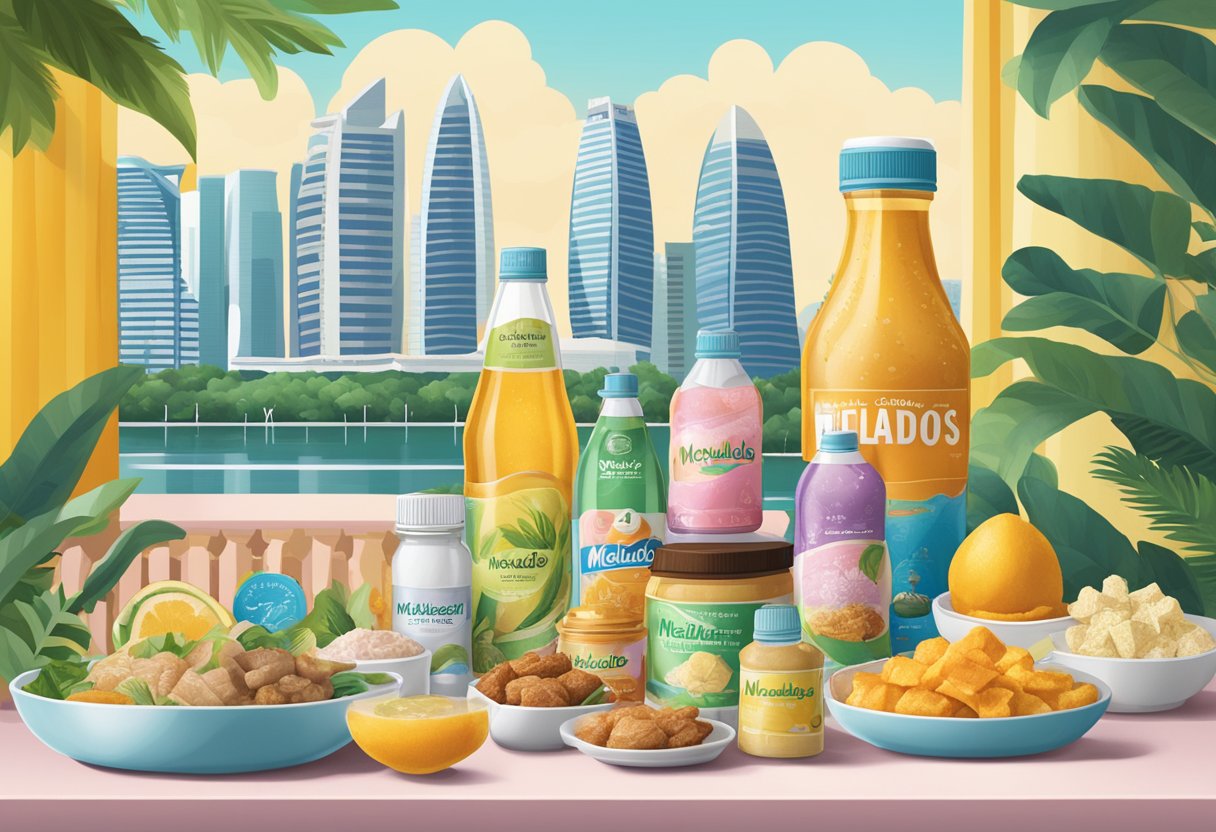 A table filled with various Melvados products against a backdrop of iconic Singapore landmarks