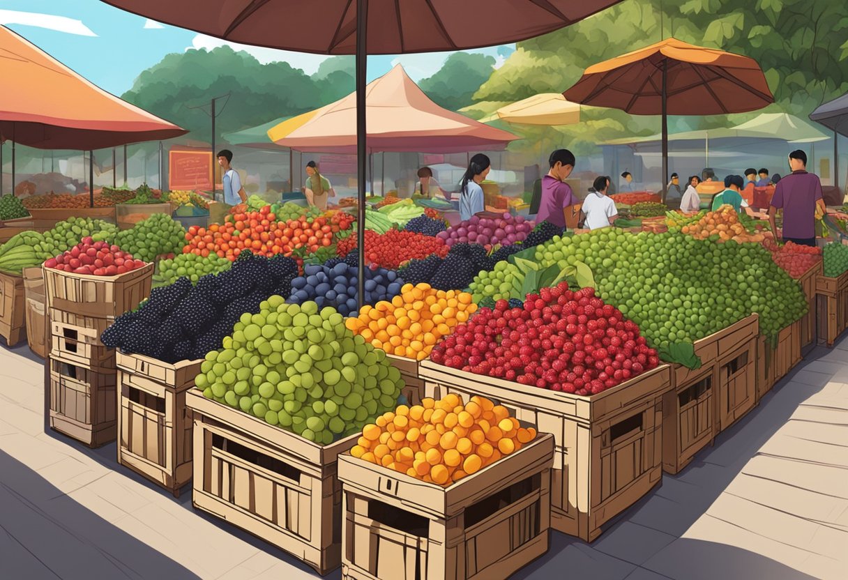 Exploring Singapore's vibrant berry market, showcasing a variety of ripe and colorful berries displayed in baskets and crates