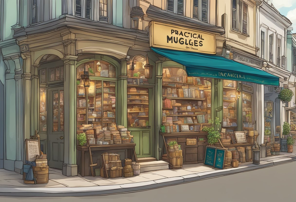 A bustling street in Singapore with a sign reading "Practical Information for Wizards and Muggles" above a magical shop filled with spellbooks and enchanted objects
