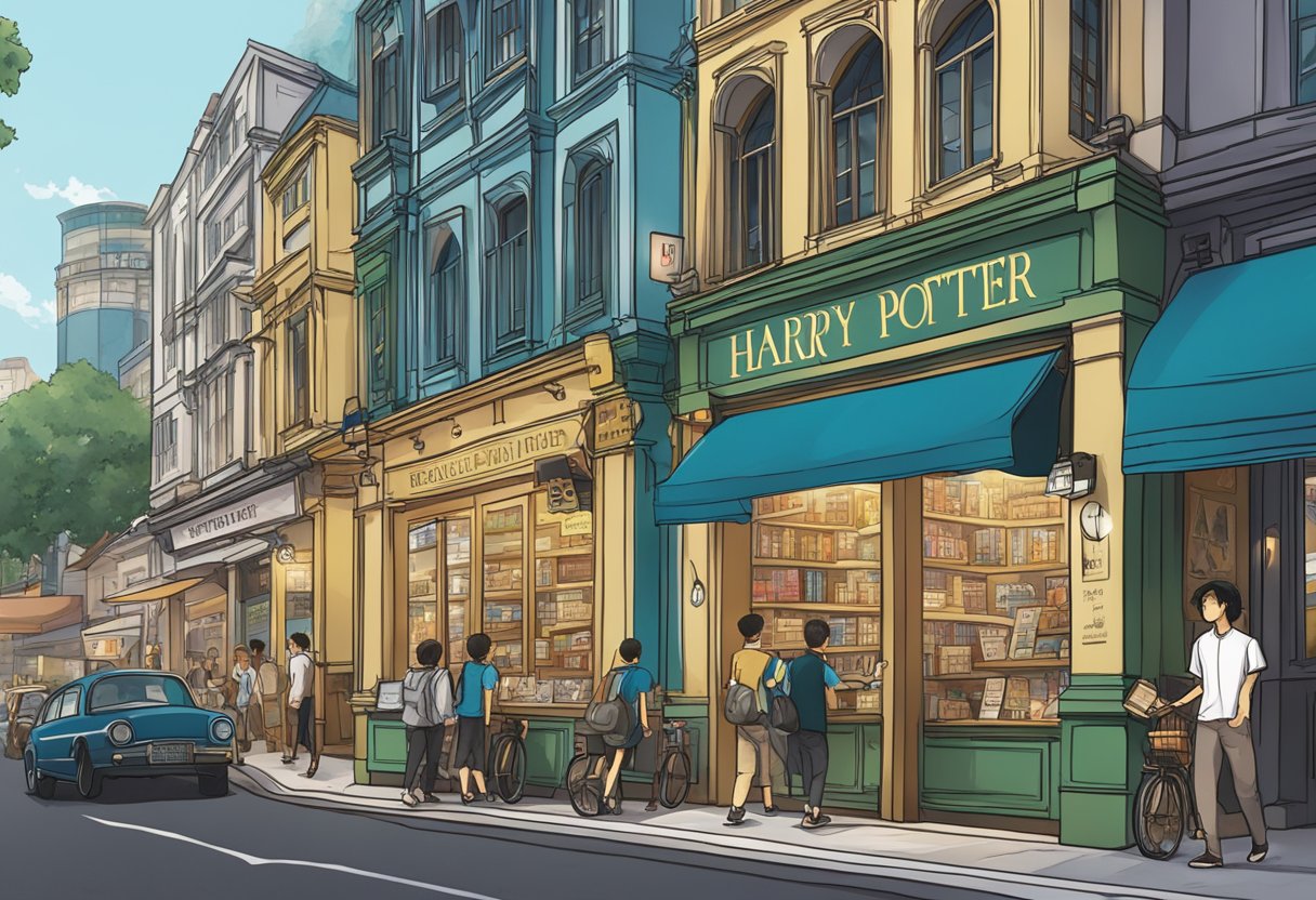 The bustling streets of Singapore with a prominent "Frequently Asked Questions Harry Potter" sign displayed outside a bookstore