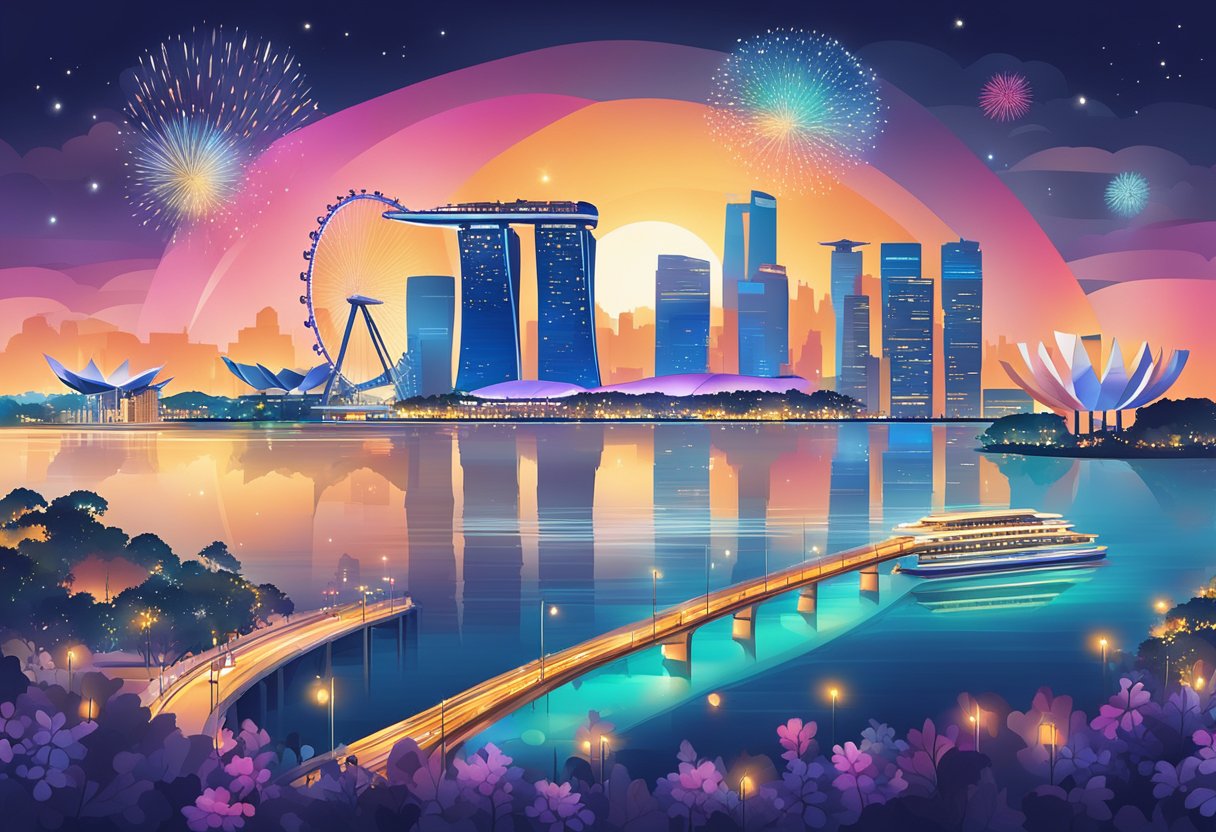 A bustling cityscape with iconic landmarks like the Marina Bay Sands and the Singapore Flyer, surrounded by vibrant lights and bustling activity