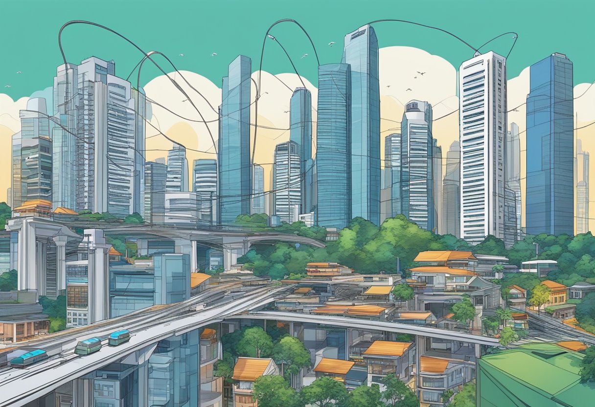 A bustling cityscape in Singapore, with skyscrapers and a network of broadband cables and satellites connecting the city