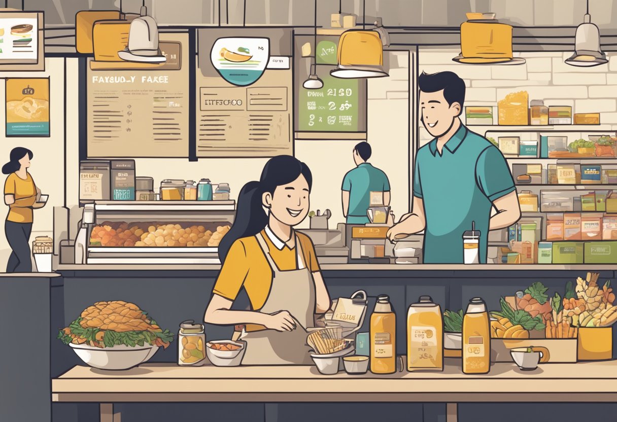 A table with various Melvados food products, a customer service representative assisting a customer, and a sign displaying "Frequently Asked Questions" in a bustling Singaporean cafe