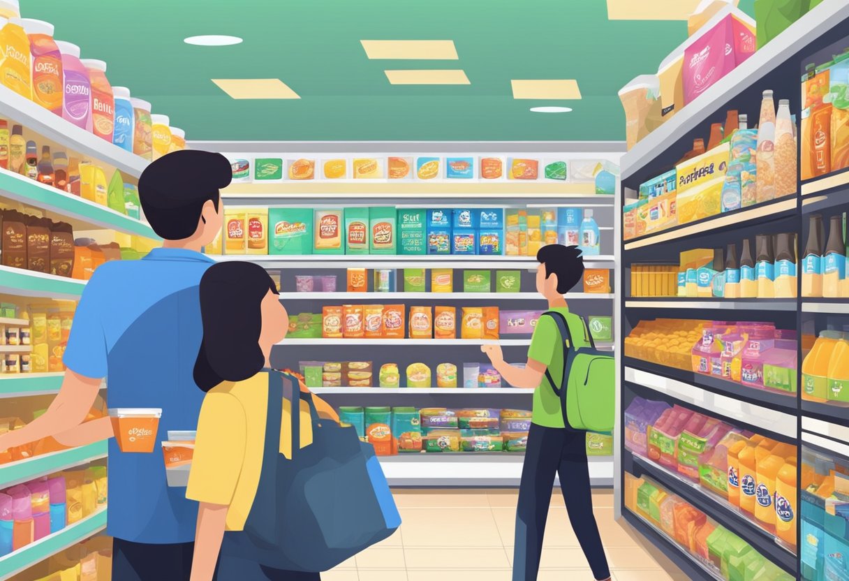 Customers browse aisles of Cheers Convenience Store in Singapore. Brightly lit shelves display a variety of snacks, drinks, and everyday essentials