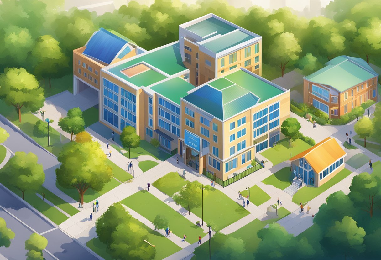 The school building stands tall with colorful signage, surrounded by lush greenery and playground equipment