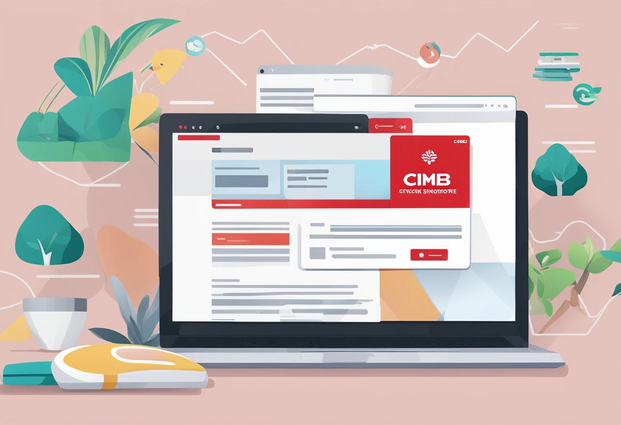 A laptop displaying the CIMB Click Singapore website with a mouse hovering over the login button